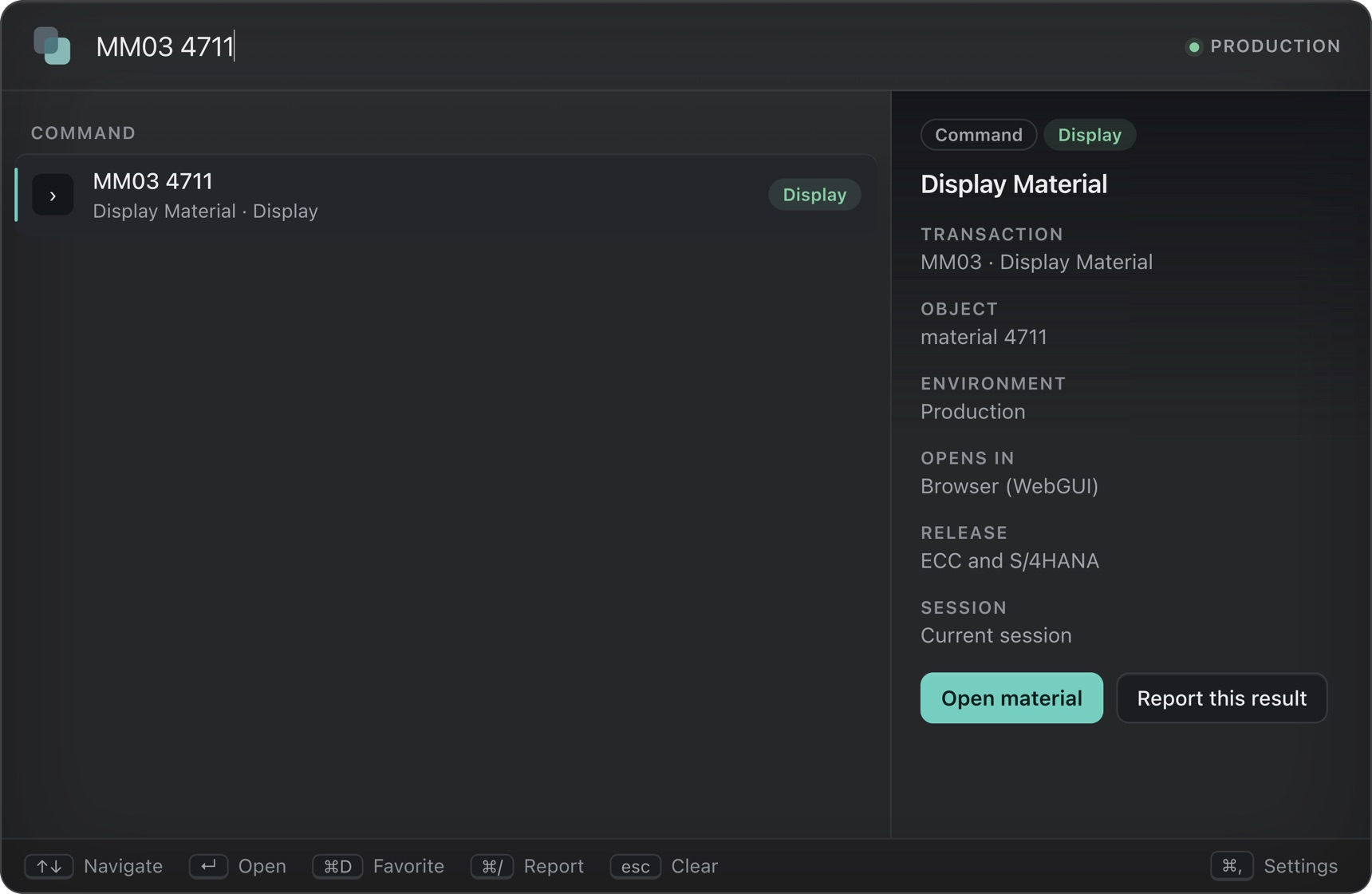 The palette after typing MM03 4711. Display Material is shown with material 4711 and the note that it opens in the browser through WebGUI.